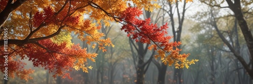 Forest tree branch laden with colorful leaves, foliage, scenery