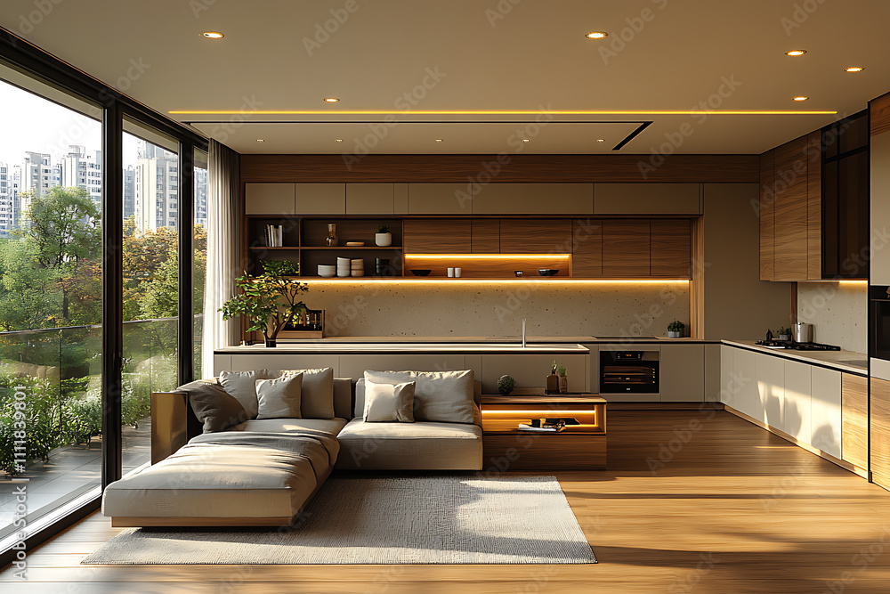 A stunning modern kitchen with dusty pistachio and khaki cabinetry paired with sleek wooden facades. The large-format ceramic granite flooring adds elegance, while subtle black accents A stunning modern kitchen with dusty pistachio and khaki cabinetry paired with sleek wooden facades. The large-format ceramic granite flooring adds elegance, while subtle black accents