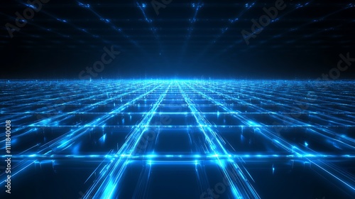 Futuristic Digital Landscape with Glowing Neon Grids and Illuminated Data Points in a Dark Environment
