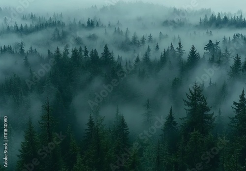 A high-quality photo capturing the aerial, Photorealistic landscape of a misty morning in the Amazon Rainforest from above, showcasing the mysterious beauty of the jungle's early morning.