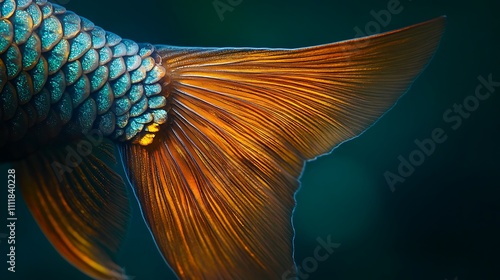 A fishes shimmering teal and orange tail