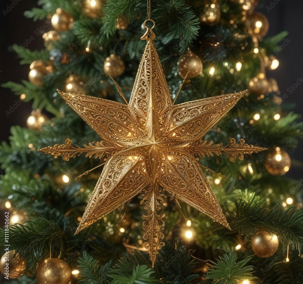 A sparkling star shines brightly atop a Christmas tree with ornate golden filigree surrounding it, holiday sparkle, twinkling lights, festive decoration A sparkling star shines brightly atop a Christmas tree with ornate golden filigree surrounding it, holiday sparkle, twinkling lights, festive decoration