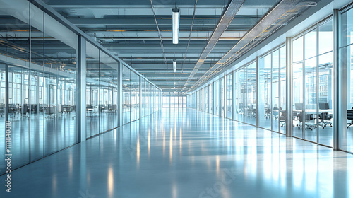 Modern Office Corridor  Glass Walls  Bright Interior  Spacious Design