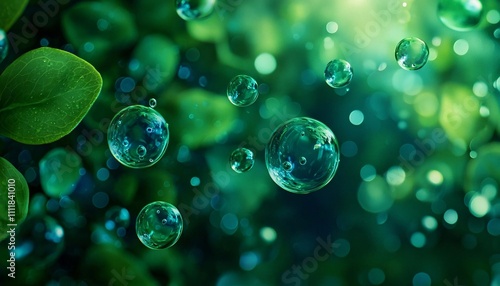 Close-up of sparkling water droplets on lush green leaves, creating a fresh and vibrant atmosphere in nature.