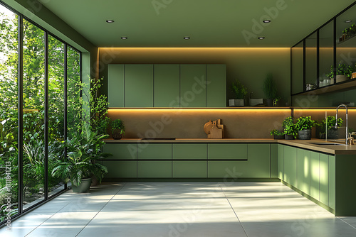 A stunning modern kitchen with dusty pistachio and khaki cabinetry paired with sleek wooden facades. The large-format ceramic granite flooring adds elegance  while subtle black accents 