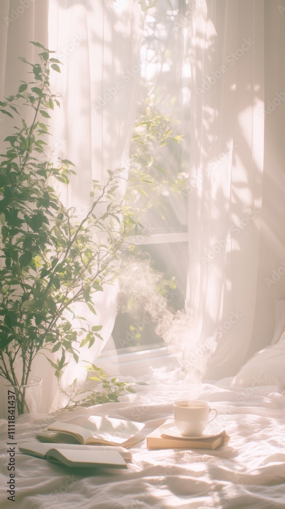 Cozy reading nook with plants and tea in soft pastel colors Cozy reading nook with plants and tea in soft pastel colors