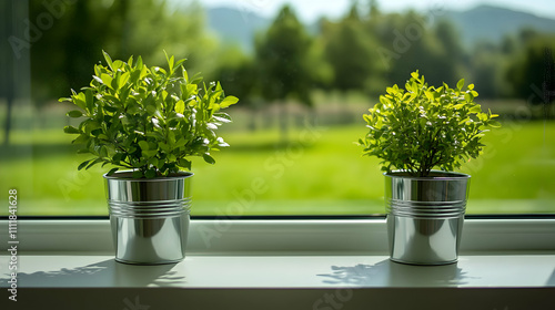 Vibrant Green Plants in Metal Pots on Window Sill, Sunny Day Background photo