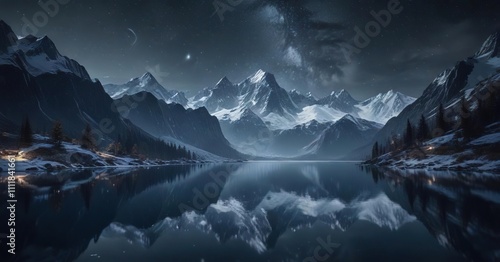 Dark blue lake waters reflecting towering snowy mountain peaks with twinkling stars above , night, reflection