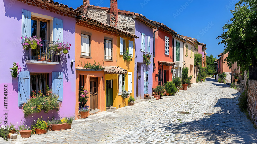 Obraz premium Vibrant Colorful Houses Line a Charming Cobblestone Street