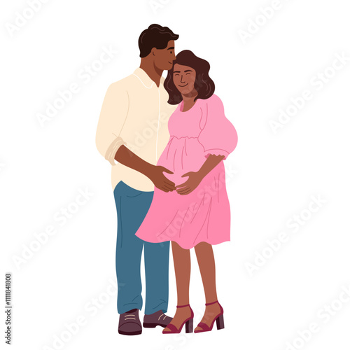 Couple expecting their first child Pregnant wife and husband. Happy mother shows off her baby bump, while father eagerly awaits their little one. Joyful family moment depicted flat vector illustration