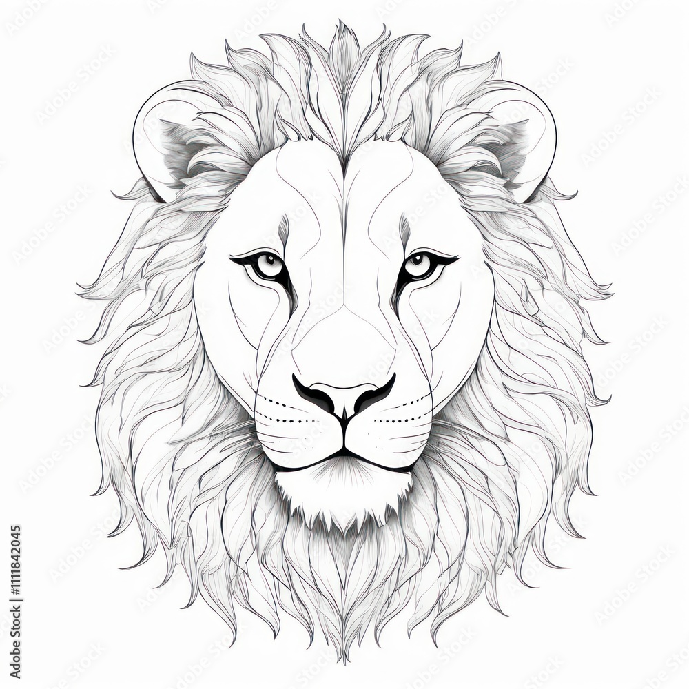 Fototapeta premium Lion Portrait in a Black and White Line Art Illustration