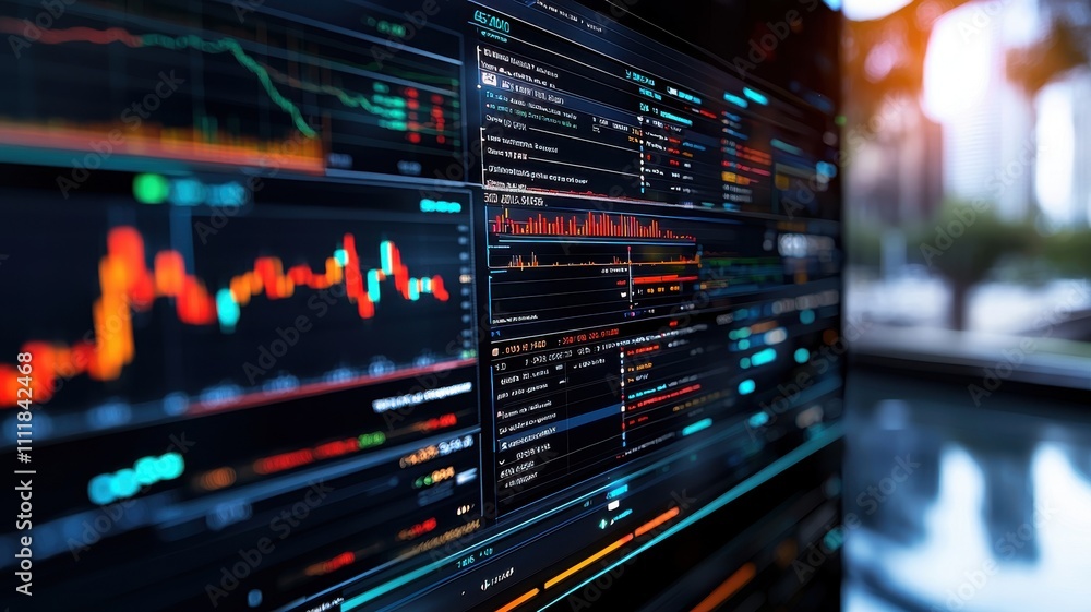 Naklejka premium Investing in Emerging Markets concept. Data visualization on a digital screen with graphs and metrics.