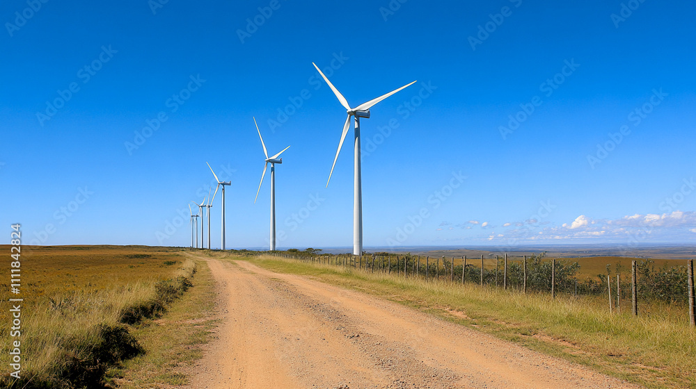 Molinos de viento alineados junto a un camino de tierra en un paisaje abierto bajo un cielo despejado.
Molinos de viento alineados junto a un camino de tierra en un paisaje abierto bajo un cielo despejado.
