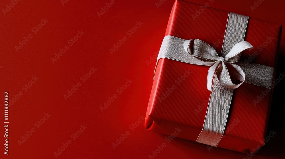 Festive Red Gift Box with Silver Ribbon Holiday Present Christmas Surprise Festive Red Gift Box with Silver Ribbon Holiday Present Christmas Surprise
