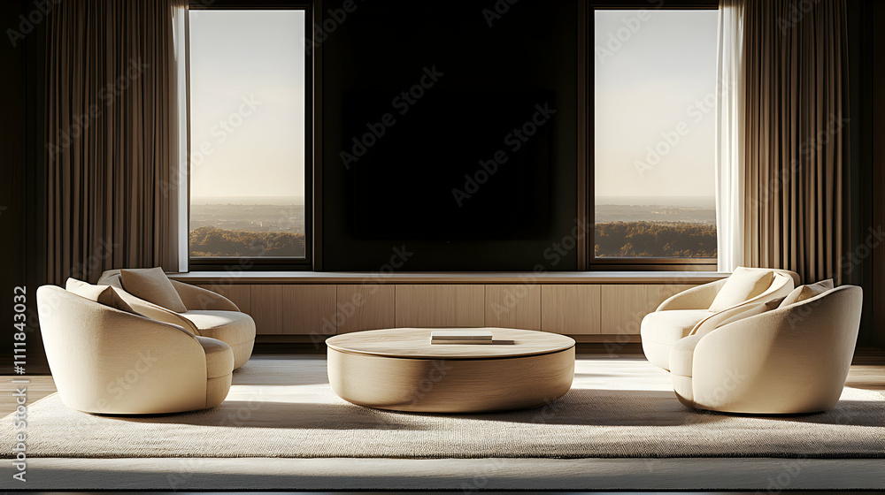 Modern Living Room, Beige Armchairs & Wooden Coffee Table with Panoramic View Modern Living Room, Beige Armchairs & Wooden Coffee Table with Panoramic View