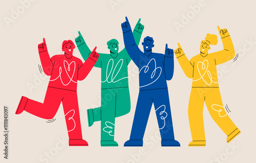 Happy people dancing together enjoying. Colorful vector illustration