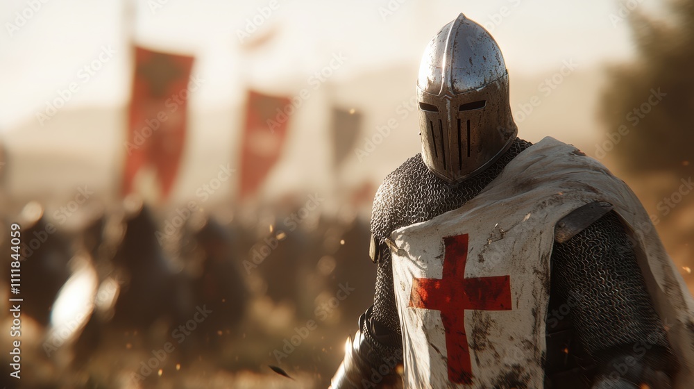 Crusader knight in chainmail with sword on battlefield Crusader knight in chainmail with sword on battlefield