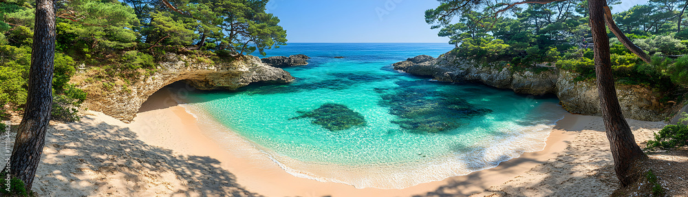 Secluded Cove, Turquoise Waters Embrace Sandy Beach, Lush Greenery Frames a Hidden Paradise on a Sunny Day Secluded Cove, Turquoise Waters Embrace Sandy Beach, Lush Greenery Frames a Hidden Paradise on a Sunny Day