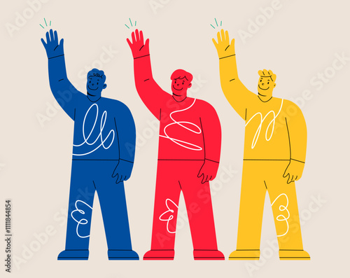 Man raise hands vote. Colorful vector illustration