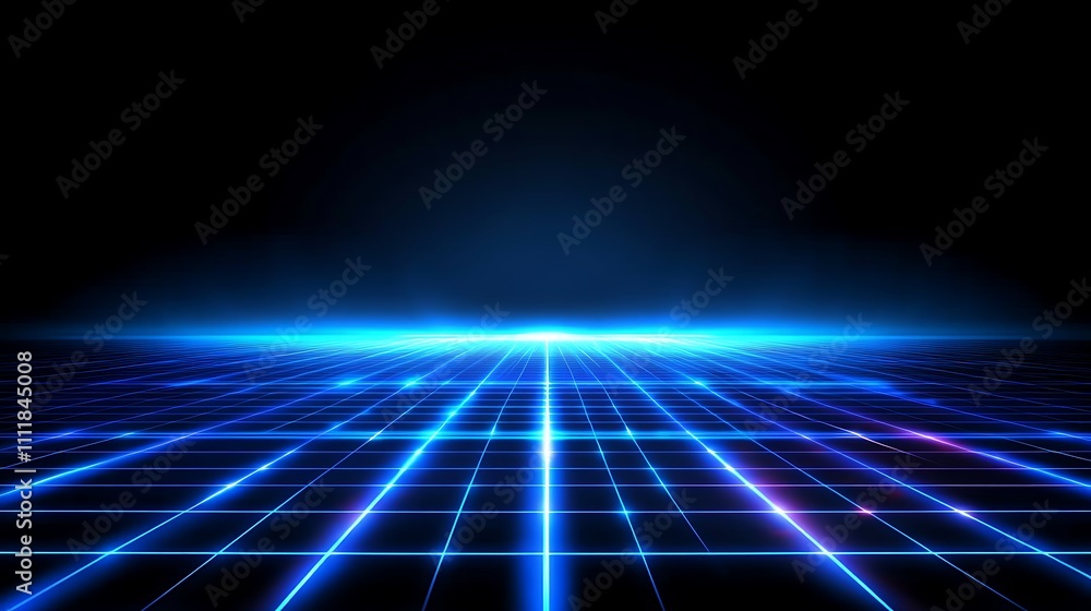 Futuristic Grid Landscape with Neon Blue Lights and Dark Background for Technology and Sci-Fi Themes Futuristic Grid Landscape with Neon Blue Lights and Dark Background for Technology and Sci-Fi Themes