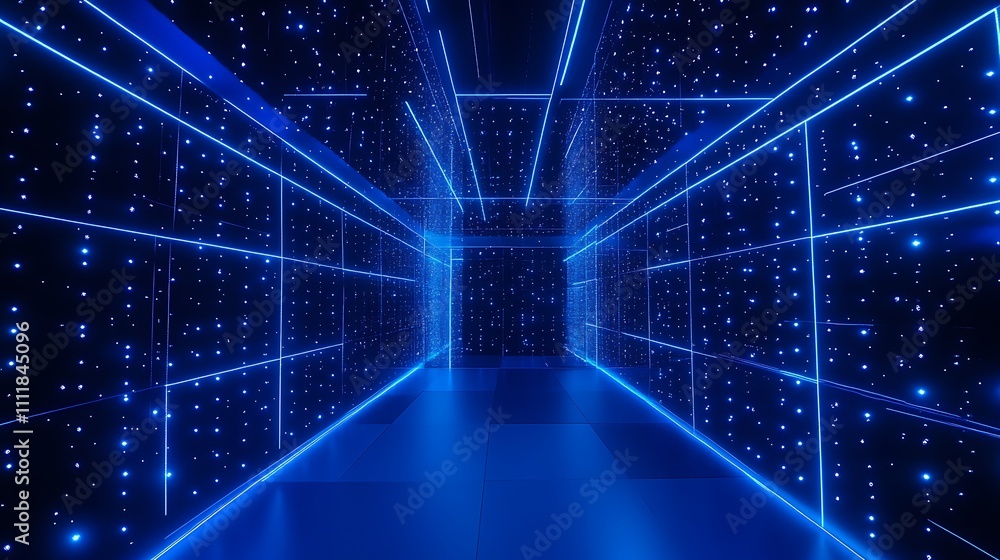 Futuristic Hallway with Neon Lights and Starry Particles Aesthetic in a Dark Environment Futuristic Hallway with Neon Lights and Starry Particles Aesthetic in a Dark Environment