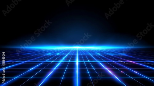 Futuristic Grid Landscape with Neon Blue Lights and Dark Background for Technology and Sci-Fi Themes