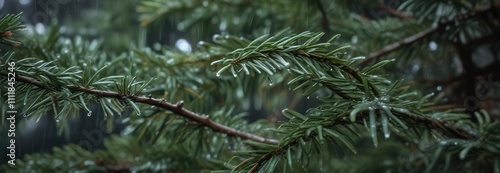 Moody close-up of glistening rain drops on pine tree needles, textured, forest