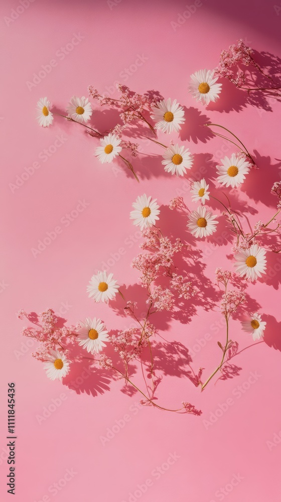 Fototapeta premium Chamomile flowers in crescent shape on pale pink background