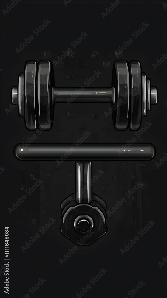 Dark Monochrome Dumbbell Illustration, Fitness Equipment Design on Black Background Dark Monochrome Dumbbell Illustration, Fitness Equipment Design on Black Background