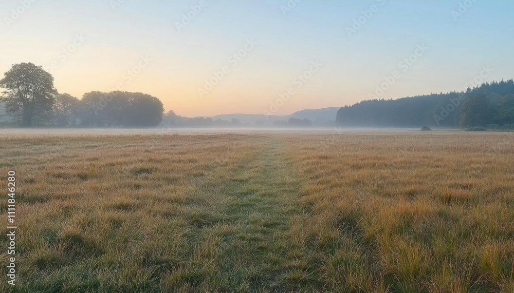 Fototapeta premium Serene landscape at dawn with mist over a grassy field.
