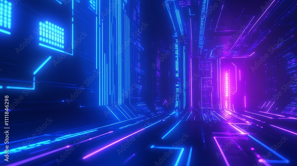 Futuristic Neon Corridor with Bright Lights and High-Tech Elements in an Abstract Cyber Environment Futuristic Neon Corridor with Bright Lights and High-Tech Elements in an Abstract Cyber Environment