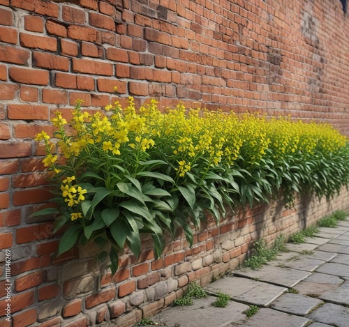 Row of Lysimachia punctata flowers in front of a historic brick wall, flowering perennials, yellow wildflowers, cottage garden photo