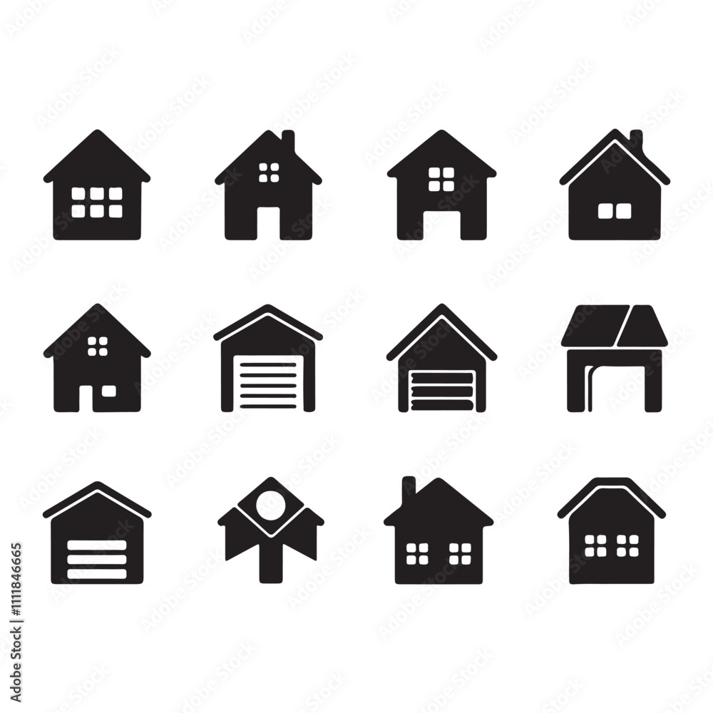 Symbols or icons of houses, buildings isolated on black. Silhouette Symbols or icons of houses, buildings isolated on black. Silhouette