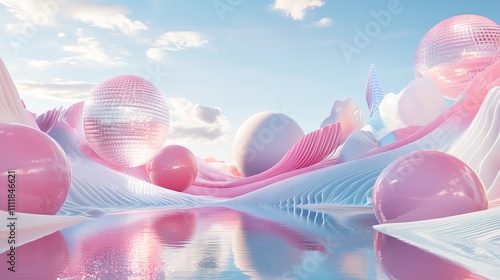 Abstract landscape with pastel colors and sphere shapes.
