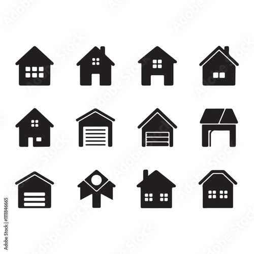 Symbols or icons of houses, buildings isolated on black. Silhouette 