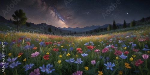 A tranquil meadow filled with colorful wildflowers under the stars , flower filled field, peaceful scene photo