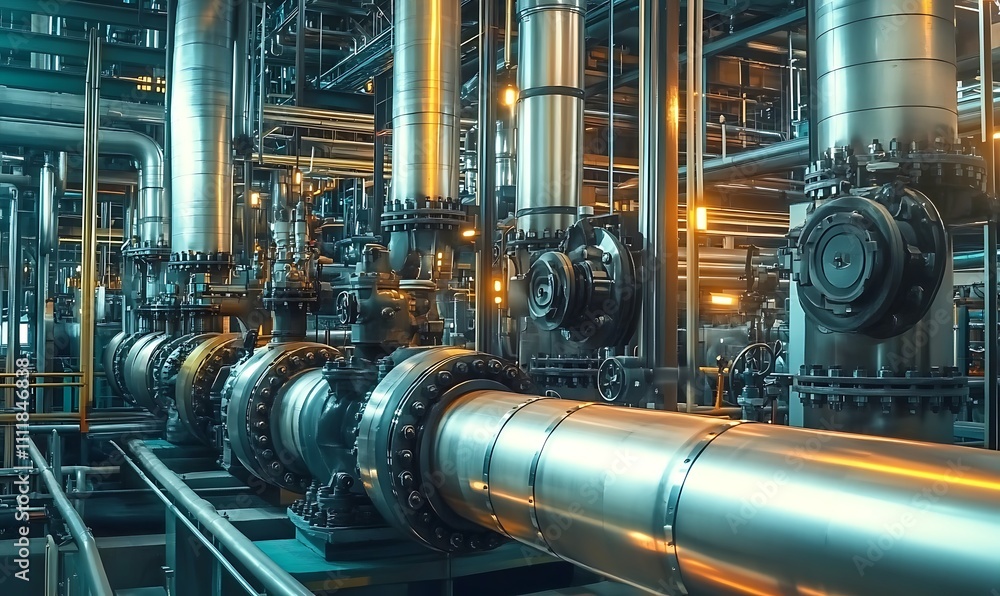 Complex network of large metallic pipes and machinery within a dimly lit underground industrial water treatment facility backdrop, Generative Ai Complex network of large metallic pipes and machinery within a dimly lit underground industrial water treatment facility backdrop, Generative Ai