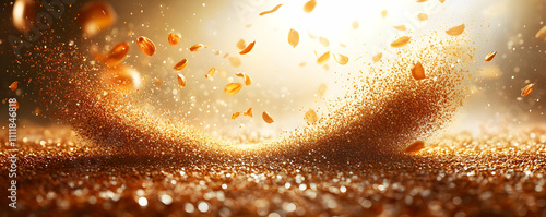 Golden Particles Exploding, Autumnal Background,  Sparkling Dust Wave, Shimmering Celebration,  Abstract Art