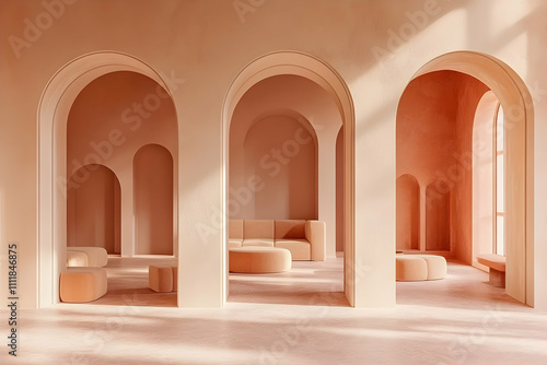 Sunlit Peach Interior, Architectural Arches, Lounge Seating, and Soft Pastel Hues Create a Serene and Calming Atmosphere.