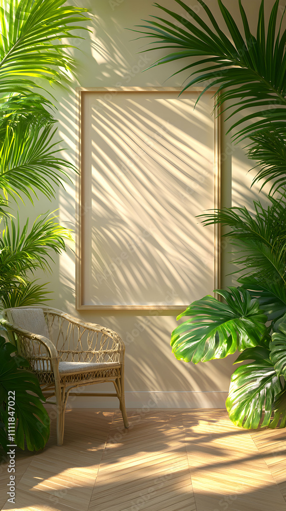 Fototapeta premium Tropical Relaxation, Beige Room with Rattan Chair and Blank Canvas Framed by Lush Greenery