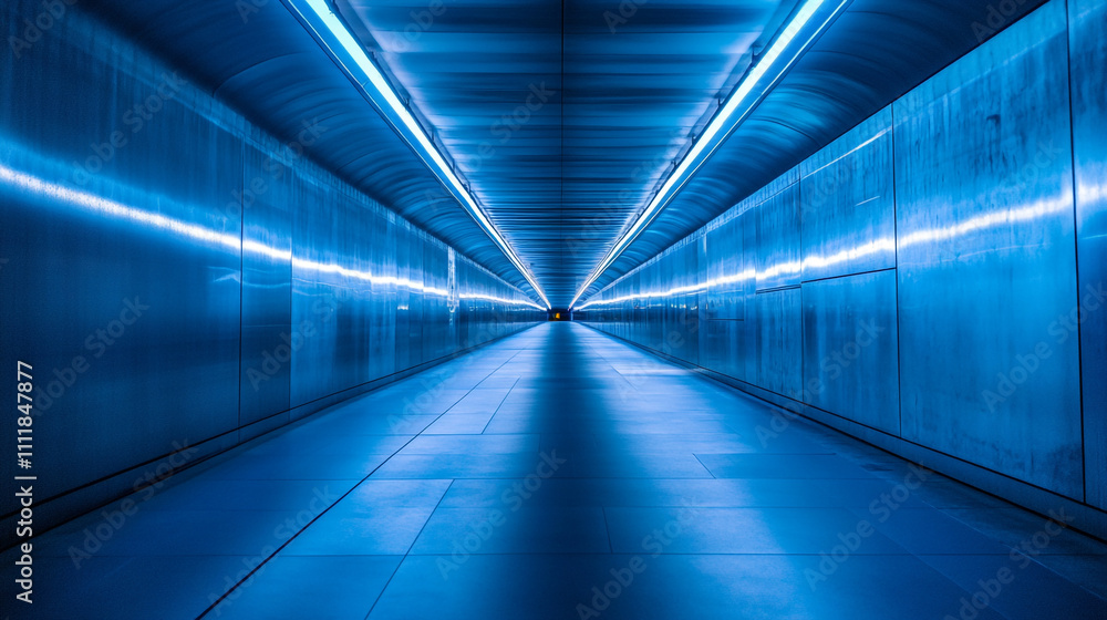 Bright blue tunnel with glowing lights leading to a distant point Bright blue tunnel with glowing lights leading to a distant point