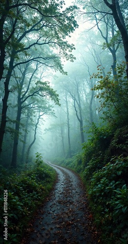 Winding path through dense beech forest with fog and overgrown vegetation on either side, foggy forest, atmospheric conditions