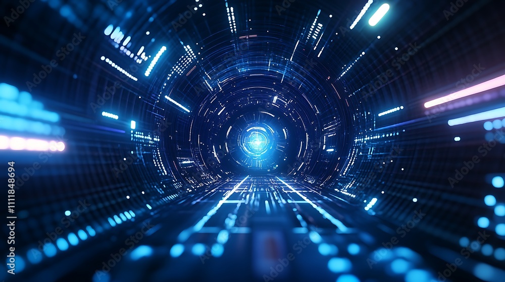 Fototapeta premium Futuristic Tunnel Visualization with Bright Lights and Digital Effects in a Cosmic Space Environment