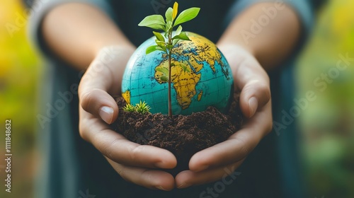 A person's hands holding a small globe with a sprout growing out of it. photo