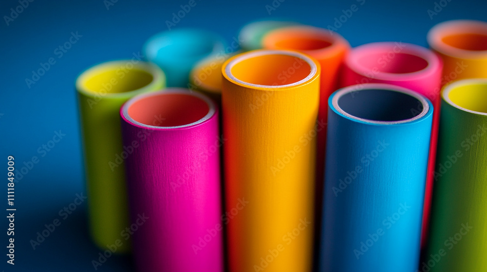Colorful cylindrical tubes arranged on a vibrant blue background for creative projects Colorful cylindrical tubes arranged on a vibrant blue background for creative projects