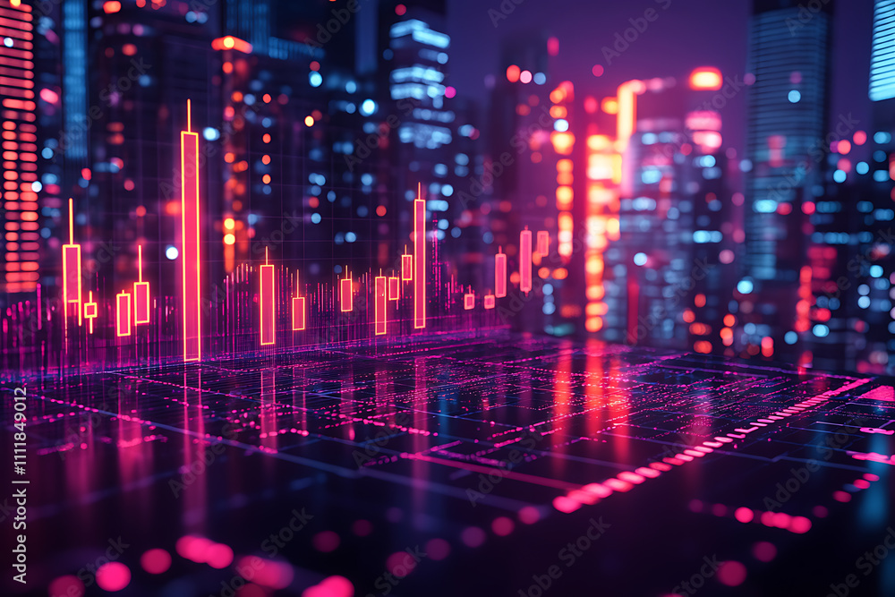 Abstract forex candlestick chart glowing over a blurred cityscape at night, symbolizing big data, trade, and investment in a futuristic financial setting Abstract forex candlestick chart glowing over a blurred cityscape at night, symbolizing big data, trade, and investment in a futuristic financial setting