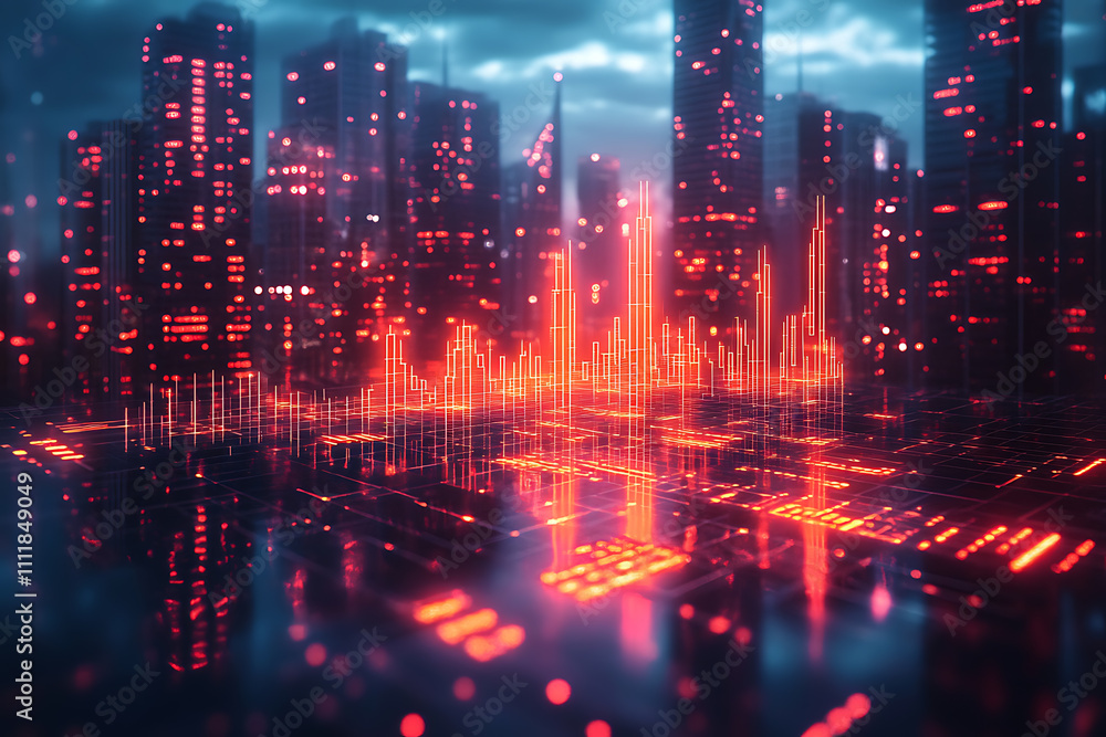 Abstract forex candlestick chart glowing over a blurred cityscape at night, symbolizing big data, trade, and investment in a futuristic financial setting Abstract forex candlestick chart glowing over a blurred cityscape at night, symbolizing big data, trade, and investment in a futuristic financial setting