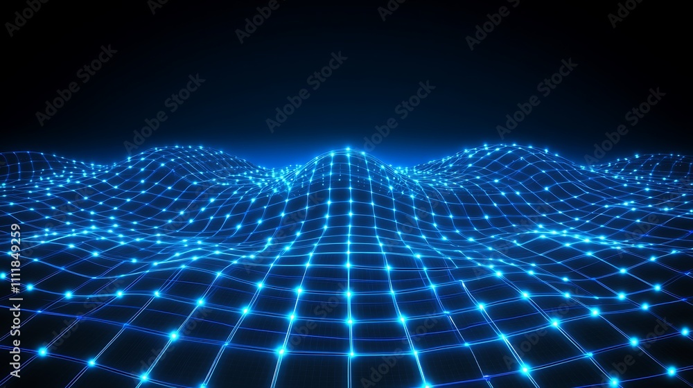 Glowing Blue Digital Waves with Grid Pattern and Illuminated Points Against a Dark Background Glowing Blue Digital Waves with Grid Pattern and Illuminated Points Against a Dark Background