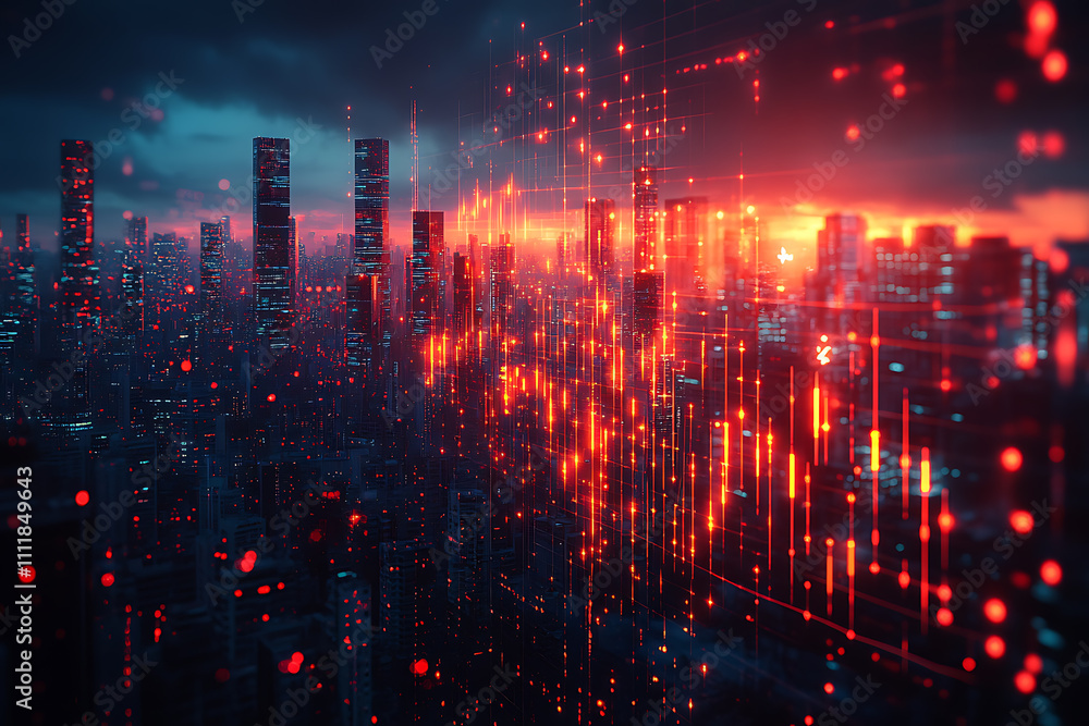Obraz premium Abstract forex candlestick chart glowing over a blurred cityscape at night, symbolizing big data, trade, and investment in a futuristic financial setting