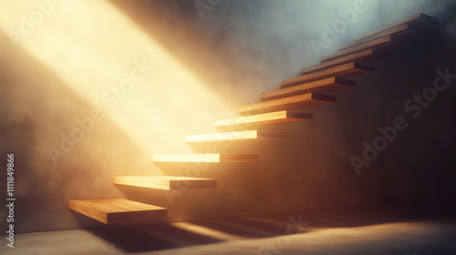 Illuminated Wooden Staircase  Ascending to Success  Growth  and Opportunity in a Sunlit Room